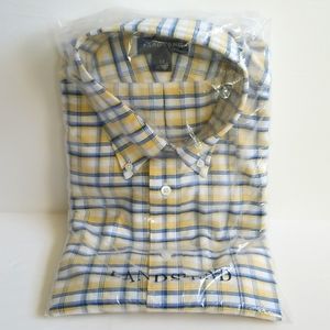 Lands' End No Iron Short Sleeve Oxford Shirt  17" Neck Lemon Yellow & Blue Check
